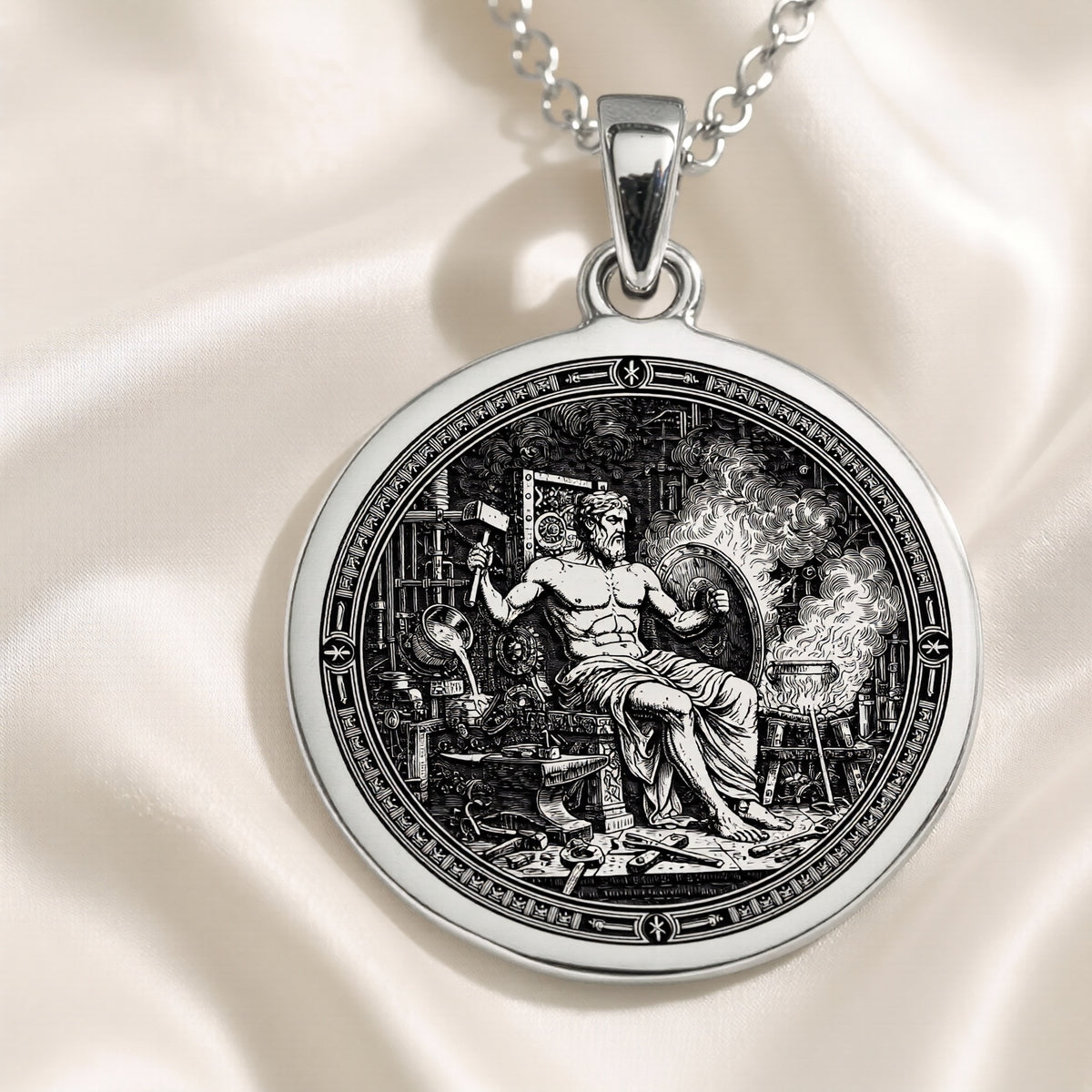 Hephaestus God of Fire Medallion Pendant — Solid 925 Sterling Silver angled engraving detail