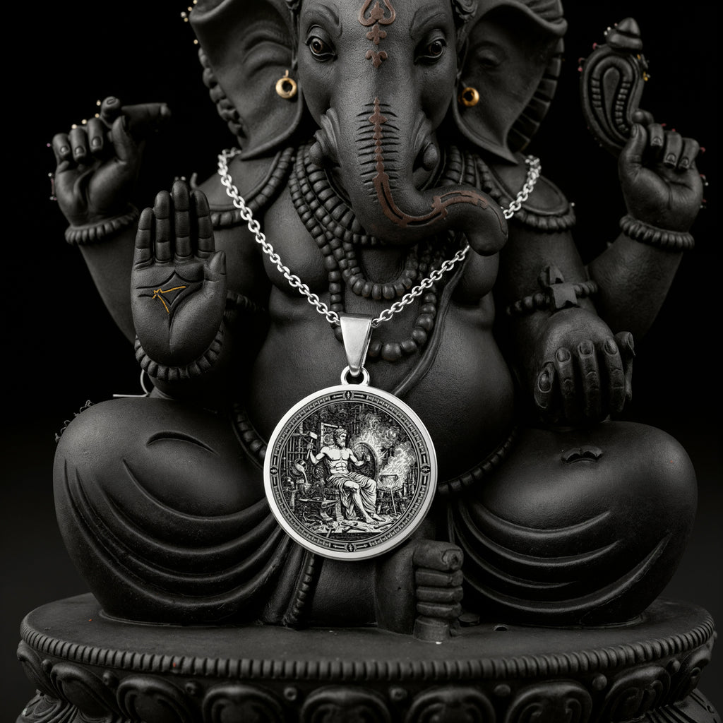 Hephaestus God of Fire Medallion Pendant — Solid 925 Sterling Silver macro relief detail