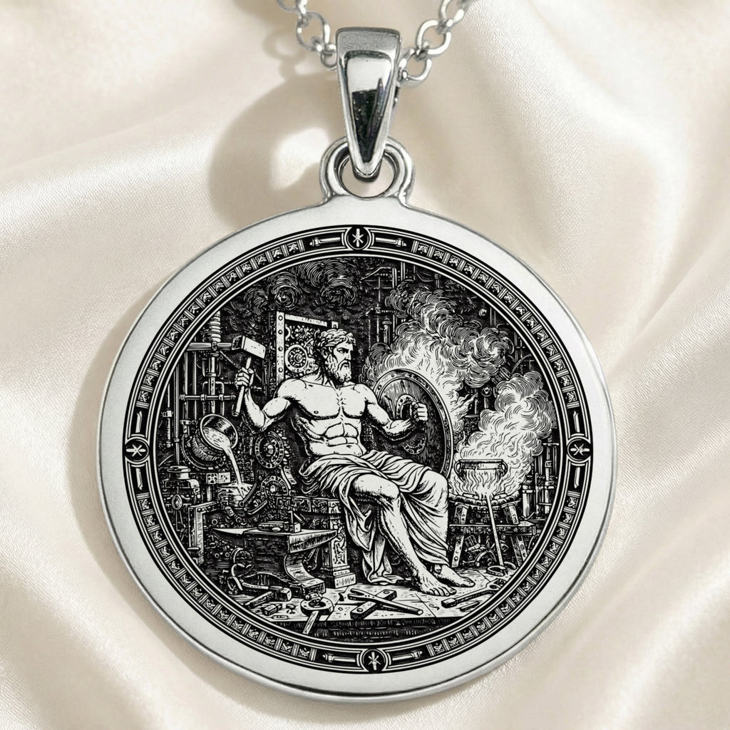 Hephaestus God of Fire Medallion Pendant — Solid 925 Sterling Silver polished coin detail