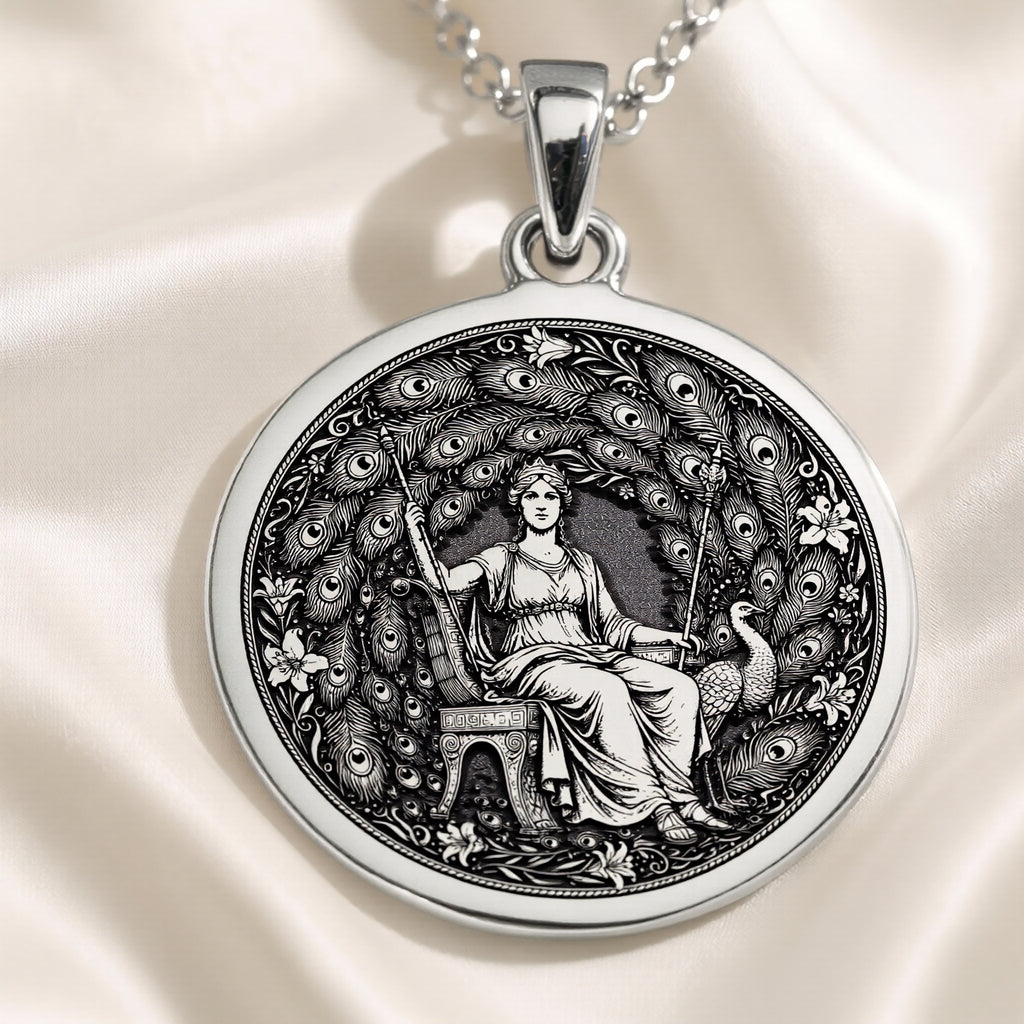 Hera Queen of the Gods Coin Pendant — Solid 925 Sterling Silver angled engraving detail