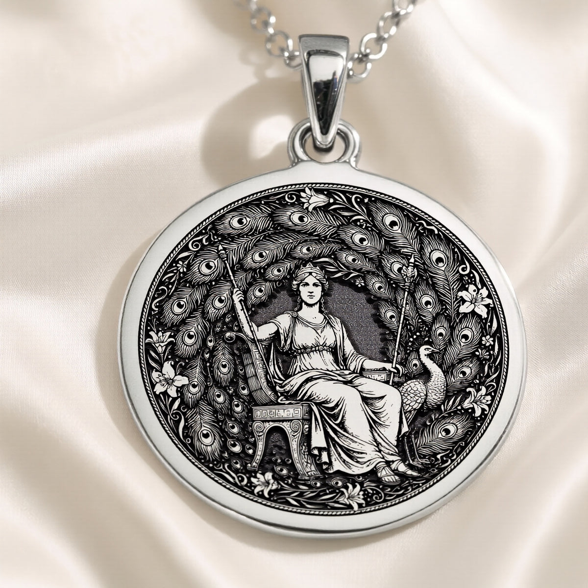 Hera Queen of the Gods Coin Pendant — Solid 925 Sterling Silver angled engraving detail