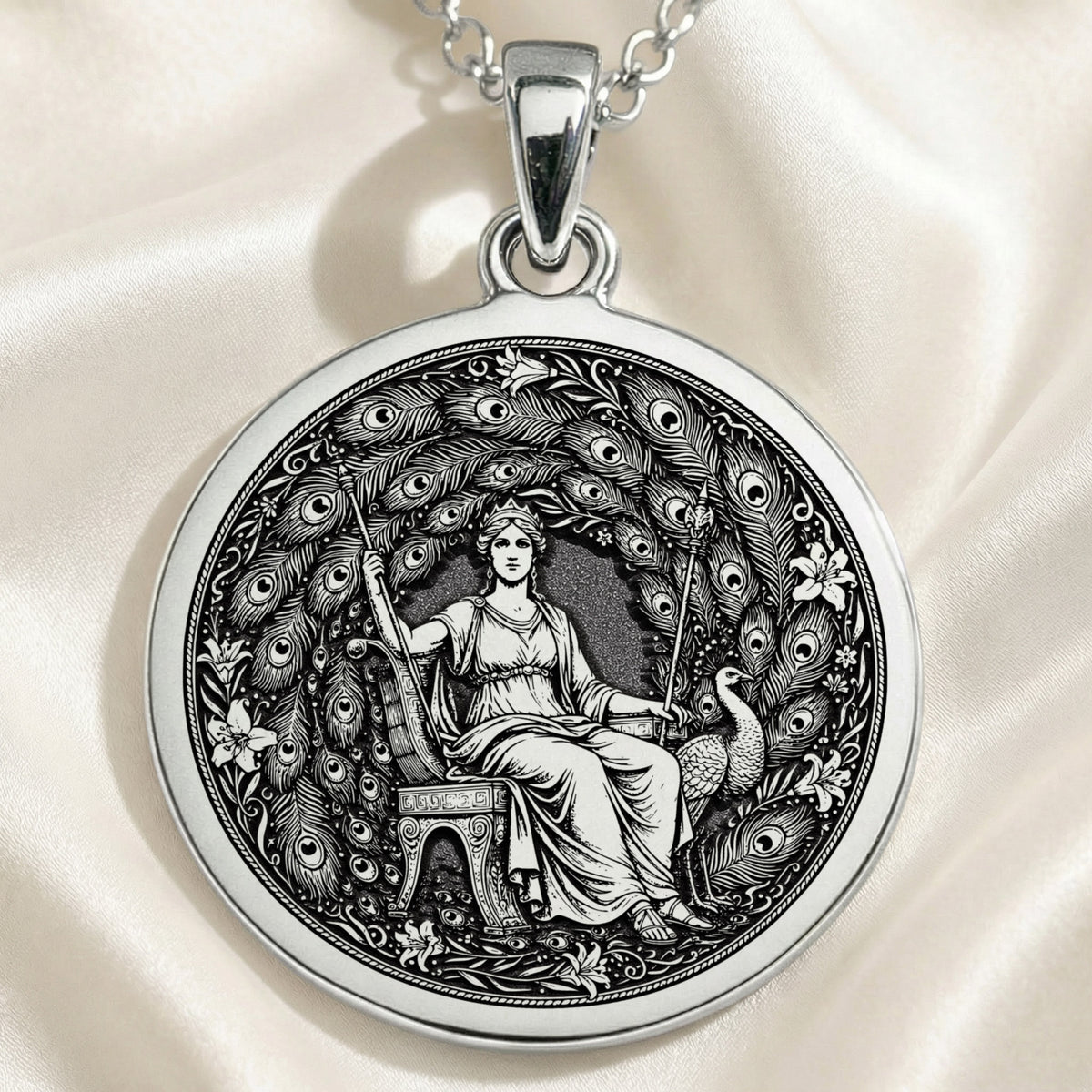 Hera Queen of the Gods Coin Pendant — Solid 925 Sterling Silver polished coin detail