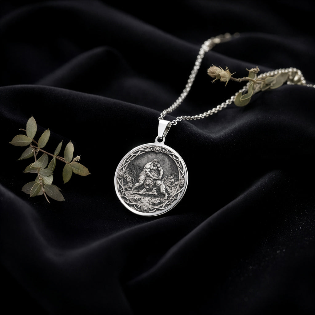Hercules Lion Nemean Lion Pendant Necklaces 925 925 Sterling Silver engraved circular pendant with intertwined figures on a chain.