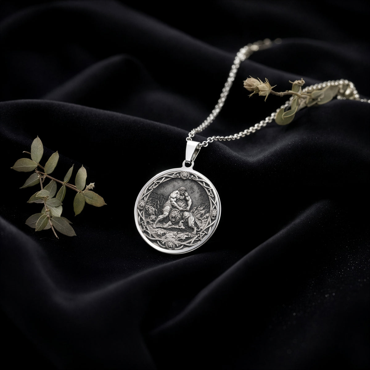 Hercules Lion Nemean Lion Pendant Necklaces 925 925 Sterling Silver engraved circular pendant with intertwined figures on a chain.