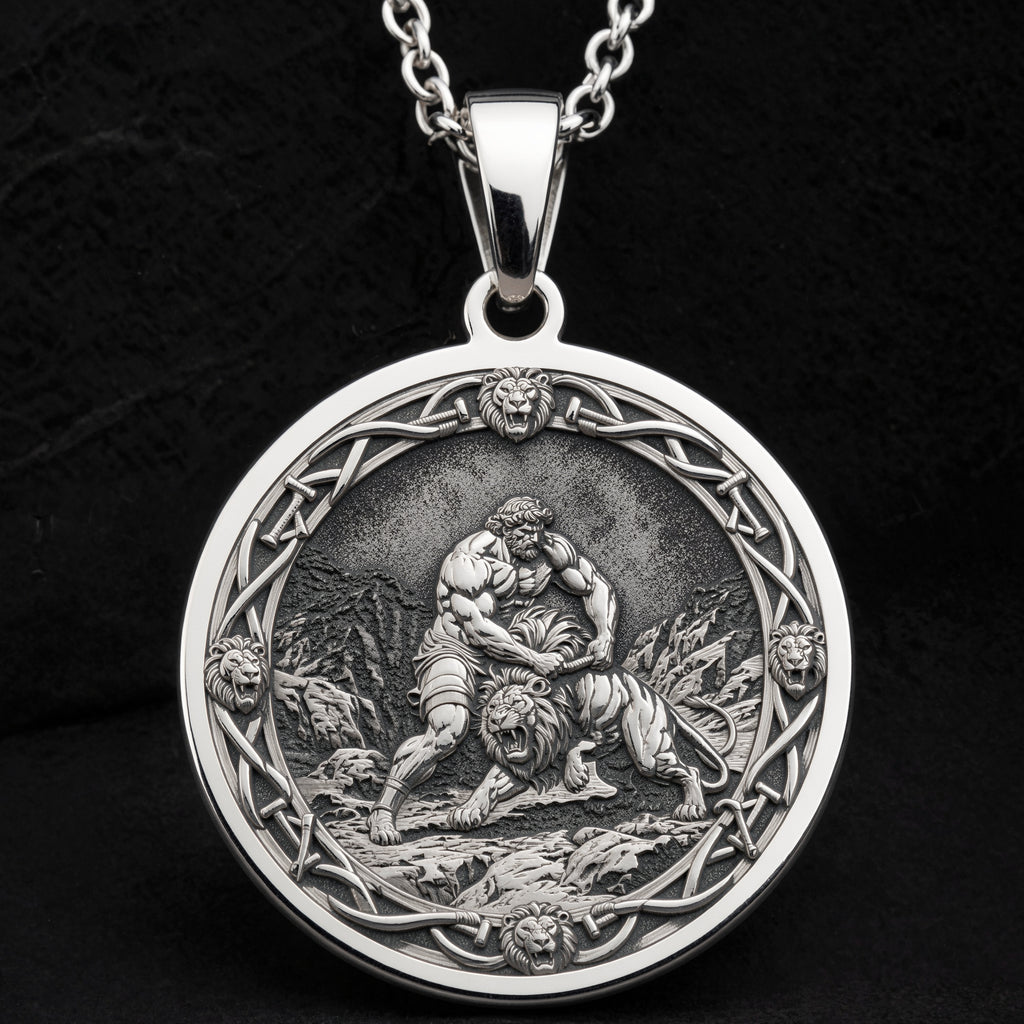 Hercules Lion Nemean Lion Pendant Necklaces 925 925 Sterling Silver pendant featuring a classical mythological figure wrestling a lion in an ornate circular frame.