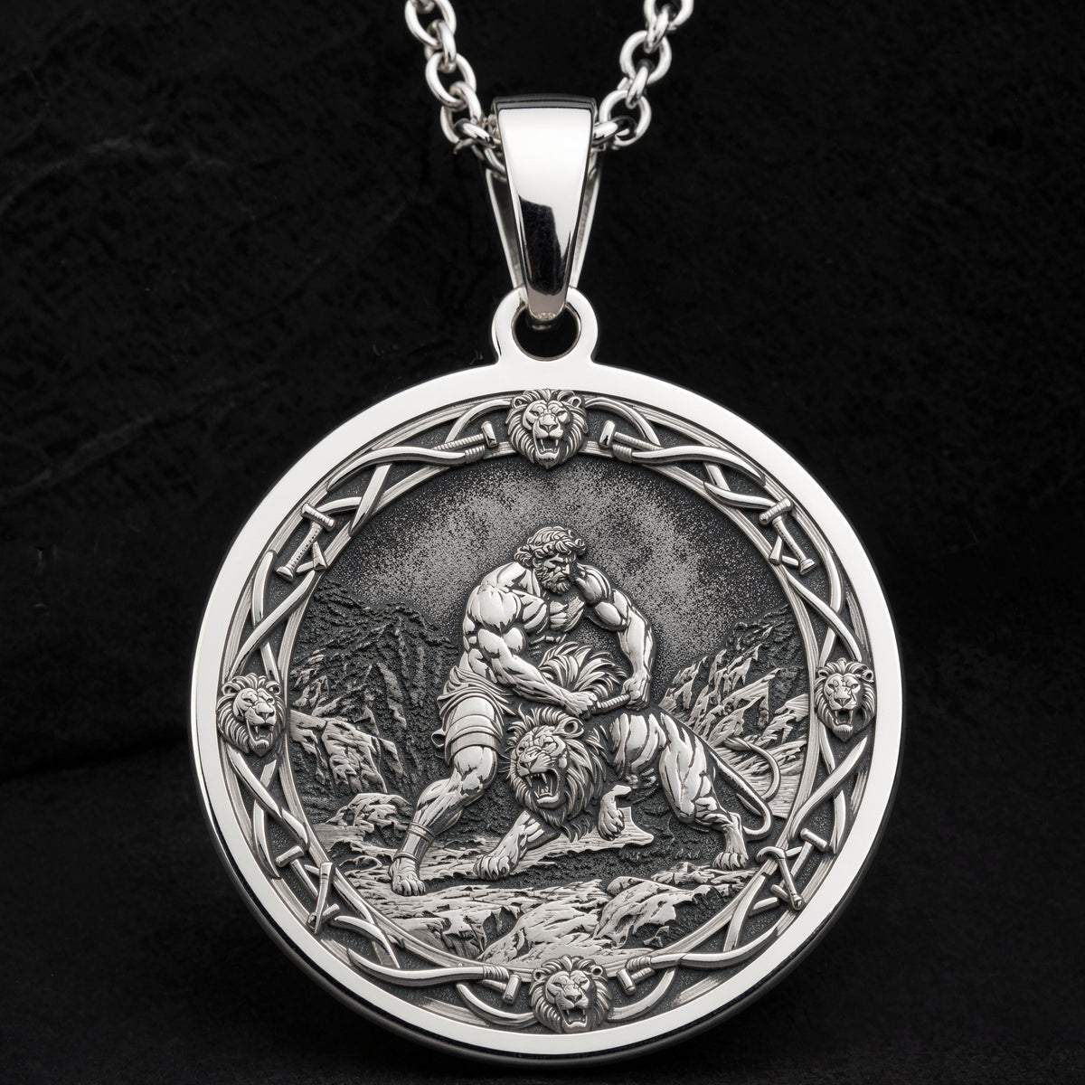 Hercules Lion Nemean Lion Pendant Necklaces 925 925 Sterling Silver pendant featuring a classical mythological figure wrestling a lion in an ornate circular frame.