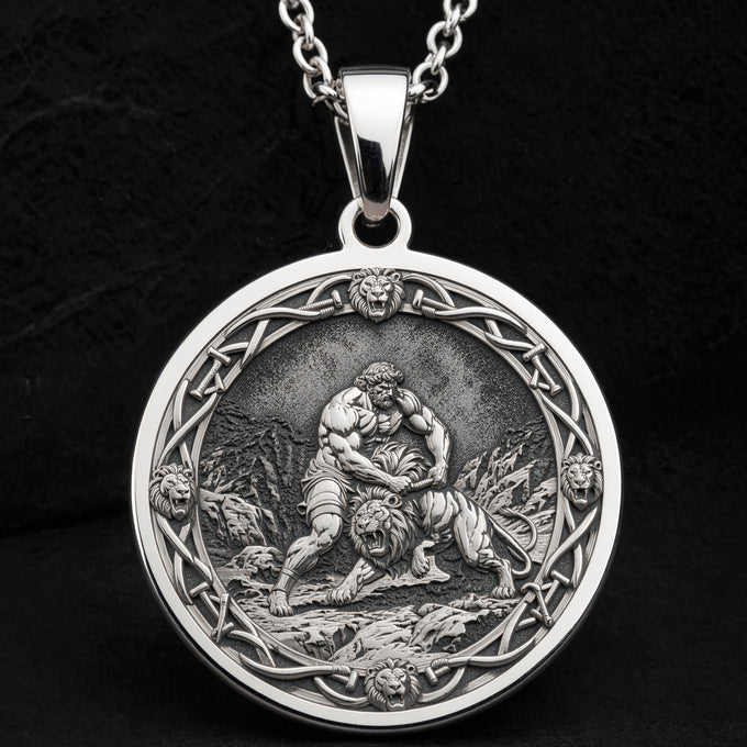 Hercules Lion Nemean Lion Pendant Necklaces 925 925 Sterling Silver pendant featuring a classical mythological figure wrestling a lion in an ornate circular frame.