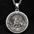 Hercules Lion Nemean Lion Pendant Necklaces 925 925 Sterling Silver pendant featuring a classical mythological figure wrestling a lion in an ornate circular frame.