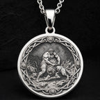 Hercules Lion Nemean Lion Pendant Necklaces 925 925 Sterling Silver pendant featuring a classical mythological figure wrestling a lion in an ornate circular frame.