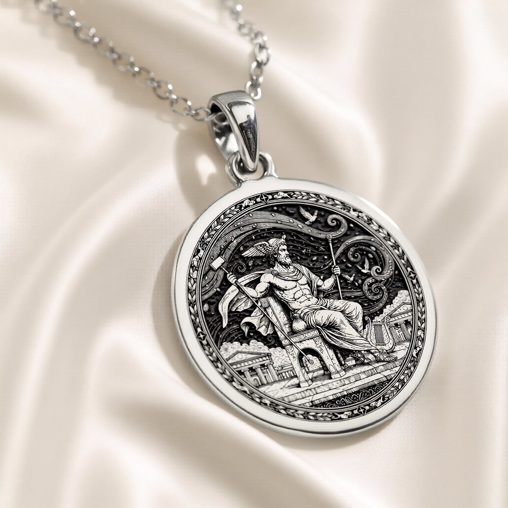 Silver plated circular pendant featuring an engraved design of the Messenger God Hermes. This piece is attached to a silver chain and set against a deep blue background fabric.