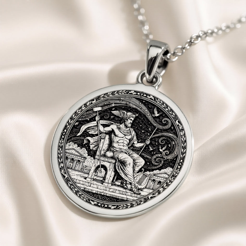 Silver plated circular pendant with intricate details of the Messenger God Hermes. The pendant hangs from a silver chain and is positioned on a dark blue cloth surface.