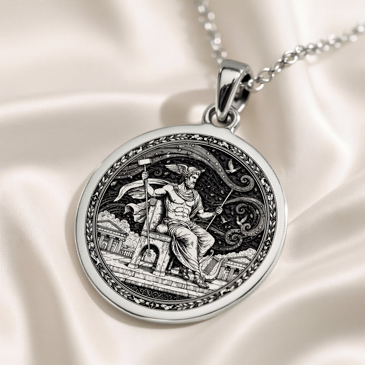 Silver plated circular pendant with intricate details of the Messenger God Hermes. The pendant hangs from a silver chain and is positioned on a dark blue cloth surface.