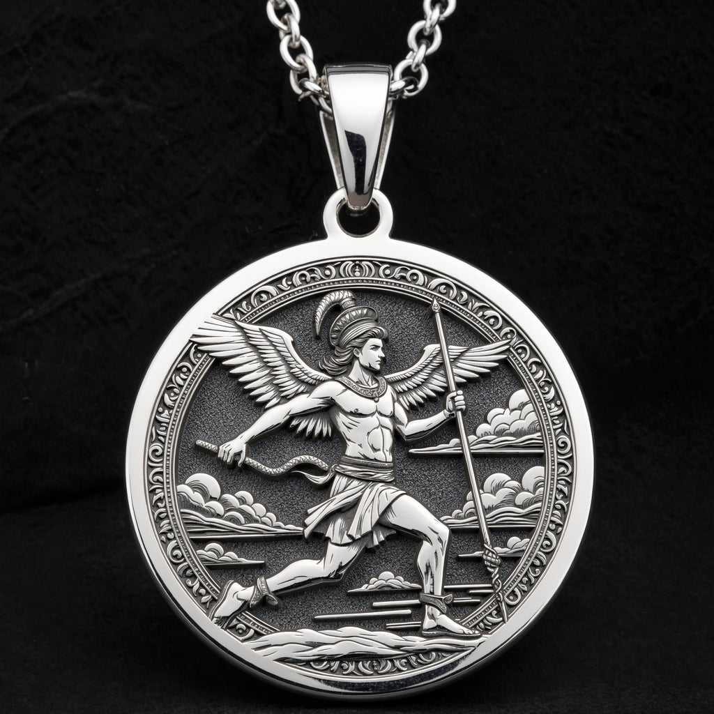 Hermes Medallion Greek God Necklace Necklaces 925 925 Sterling Silver winged warrior figure running across clouds pendant necklace