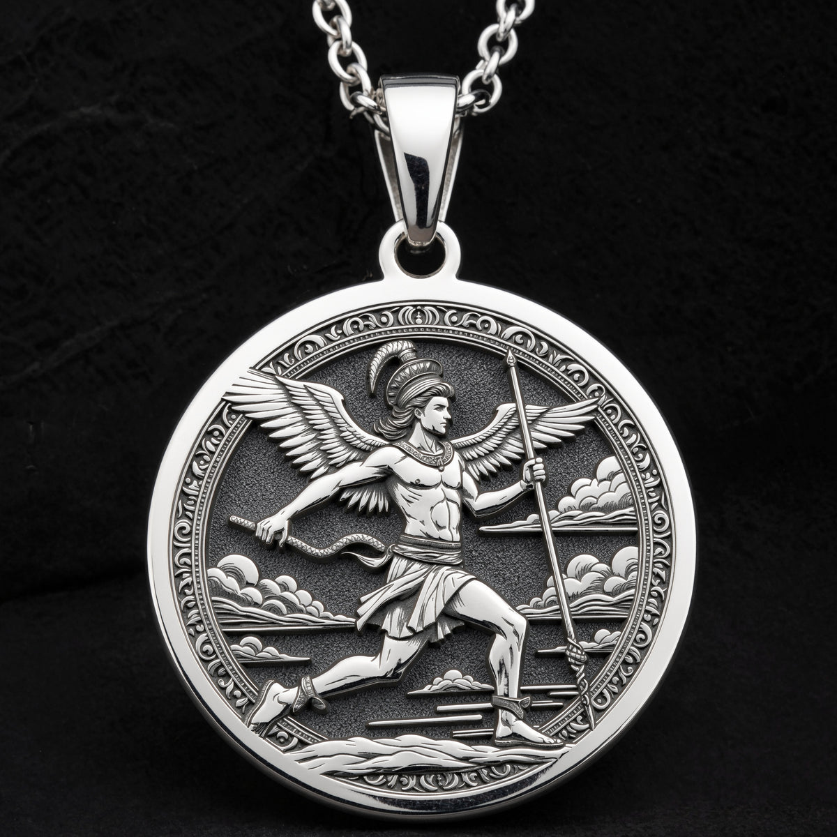 Hermes Medallion Greek God Necklace Necklaces 925 925 Sterling Silver winged warrior figure running across clouds pendant necklace