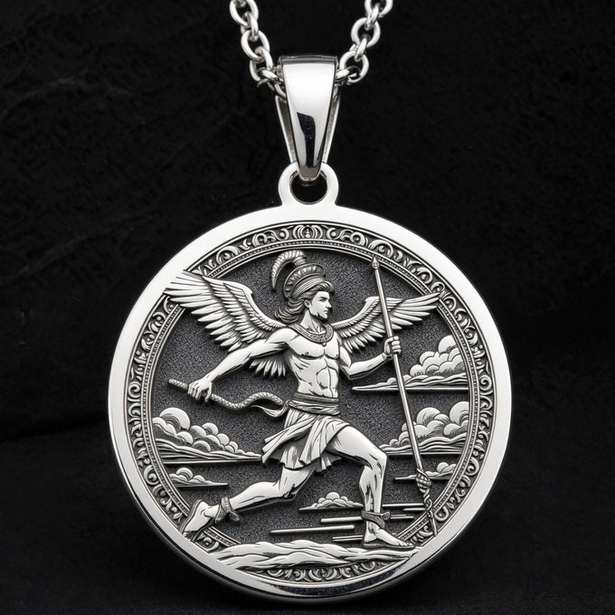 Hermes Medallion Greek God Necklace Necklaces 925 925 Sterling Silver winged warrior figure running across clouds pendant necklace