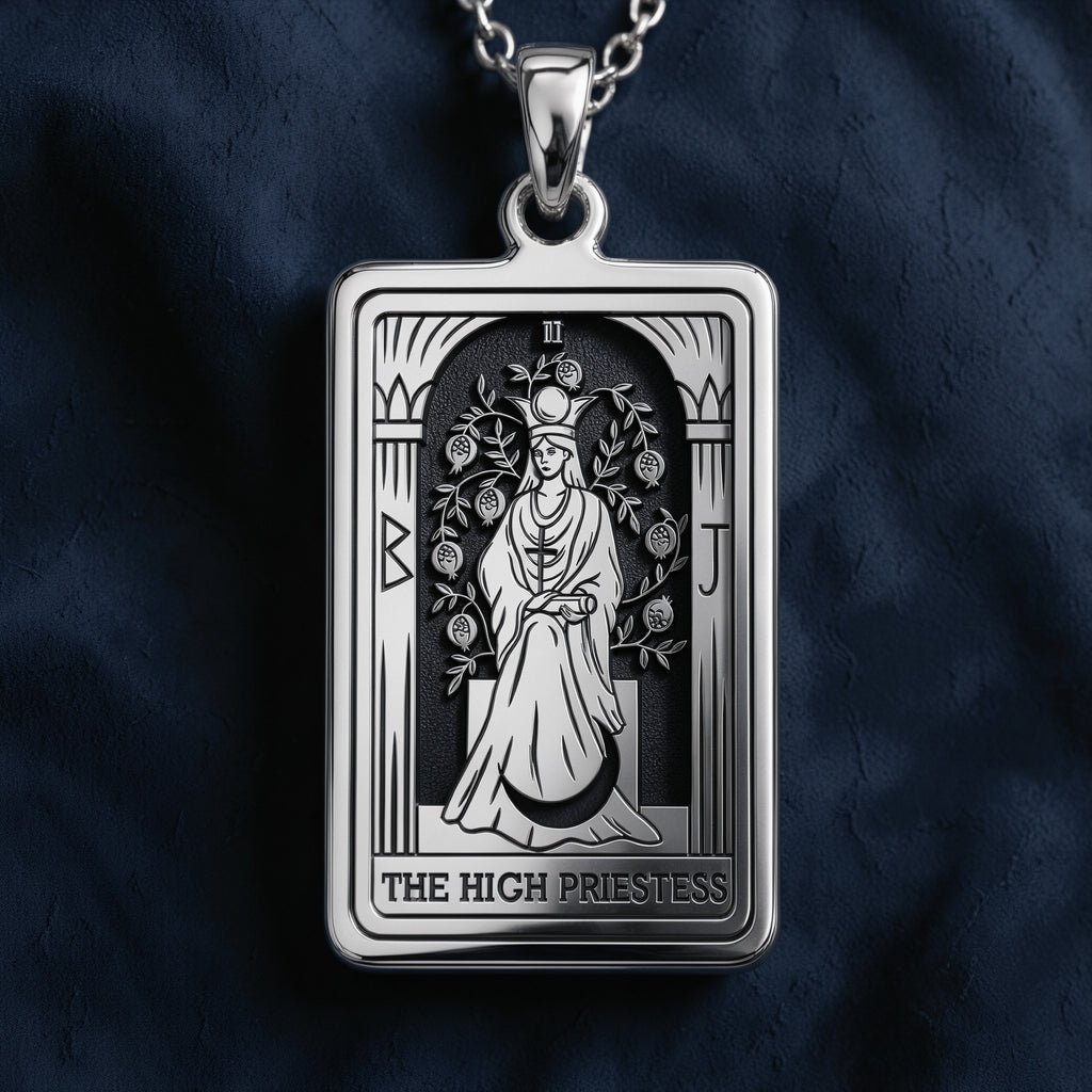 Rectangular sterling silver High Priestess tarot pendant necklace featuring a seated goddess framed by columns, pomegranate vines, and Roman numerals II/J with engraved title at base.