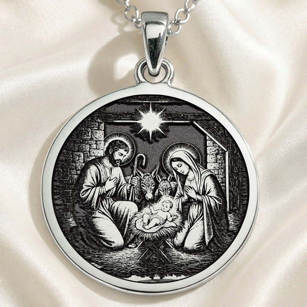 Holy Family Nativity Scene Pendant Necklaces 925 925 Sterling Silver oval pendant featuring a classical Madonna and Child religious scene necklace