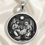 Holy Family Nativity Scene Pendant Necklaces 925 925 Sterling Silver oval pendant featuring a classical Madonna and Child religious scene necklace