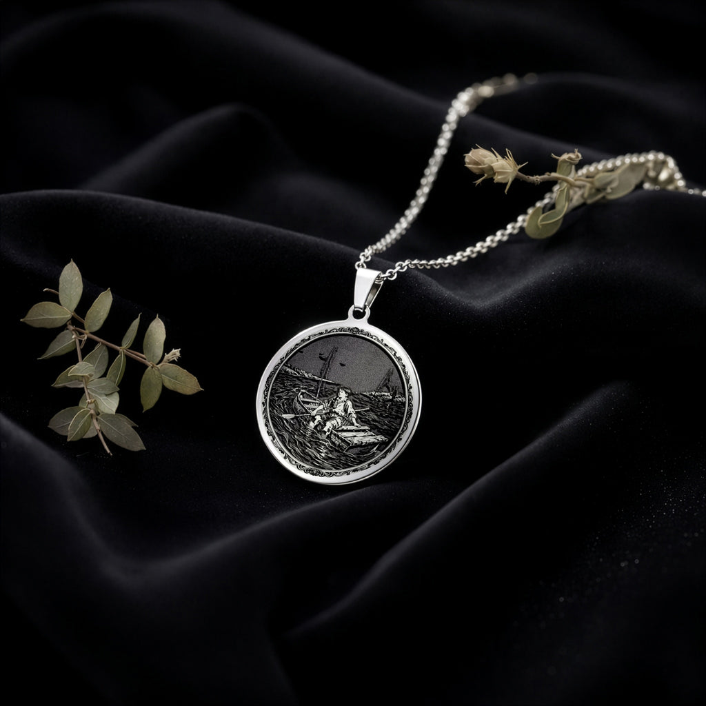 Huckleberry Finn Raft Scene Pendant Necklaces 925 925 Sterling Silver round pendant with engraved maritime scene on dark velvet background