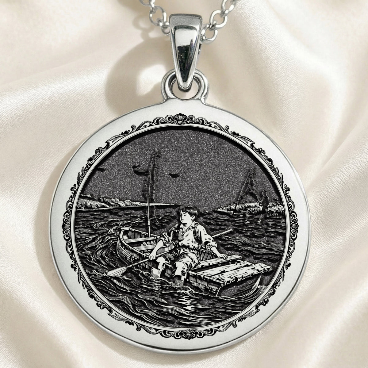 Huckleberry Finn Raft Scene Pendant Necklaces 925 925 Sterling Silver oval pendant featuring an engraved vintage scene of a person in a boat on water.