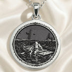 Huckleberry Finn Raft Scene Pendant Necklaces 925 925 Sterling Silver oval pendant featuring an engraved vintage scene of a person in a boat on water.