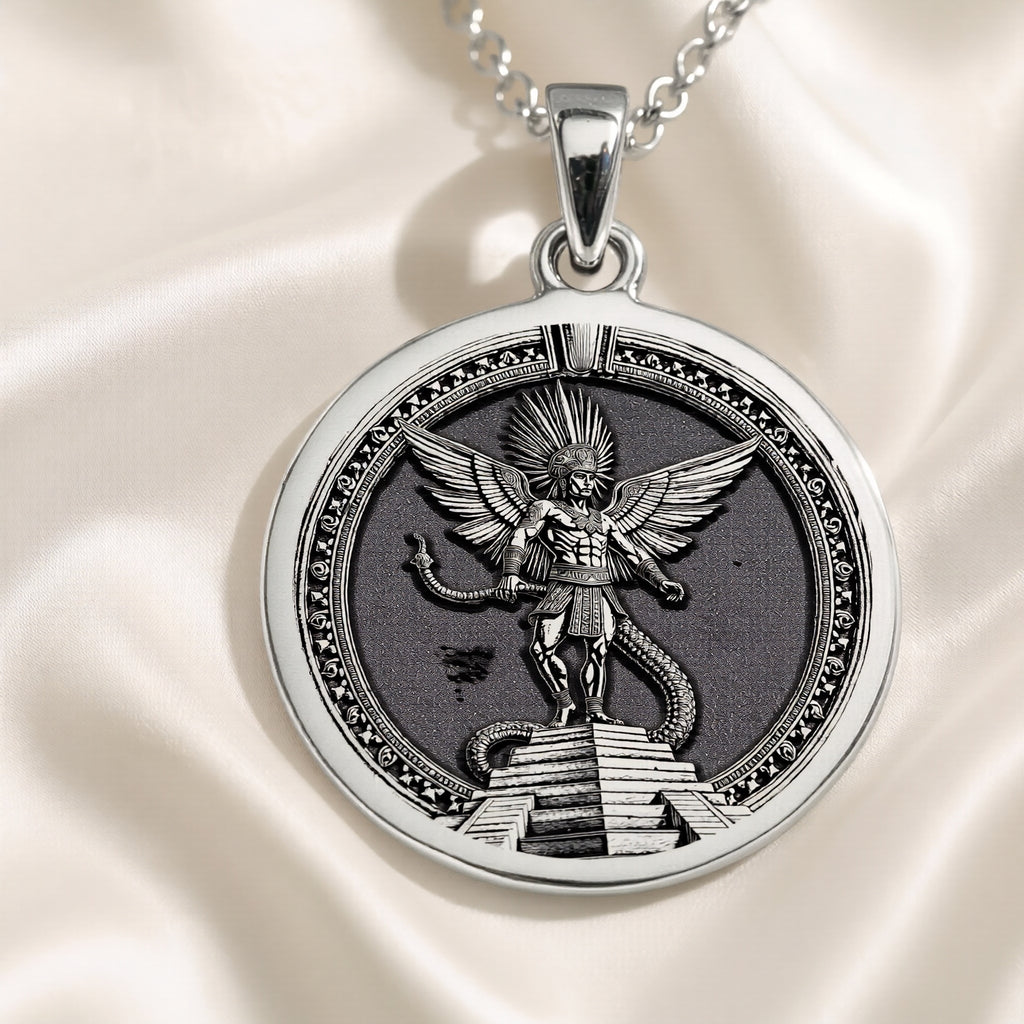 Huitzilopochtli Necklace: Silver Aztec Sun God, Warrior Protection Amulet