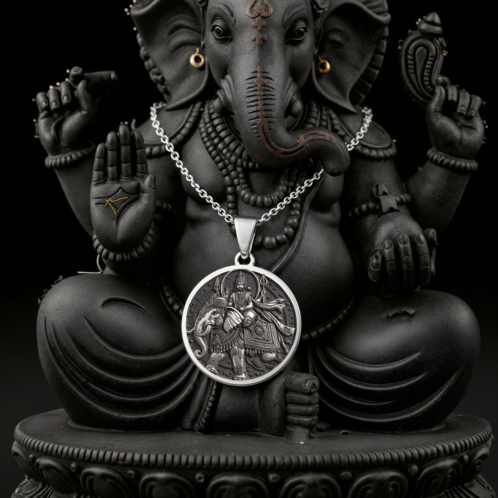 Indra God Vajra Thunderbolt Pendant Necklaces 925 925 Sterling Silver Ganesha medallion pendant necklace on a dark background