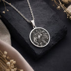 Indra God Vajra Thunderbolt Pendant Necklaces 925 925 Sterling Silver engraved warrior figure pendant necklace on dark slate