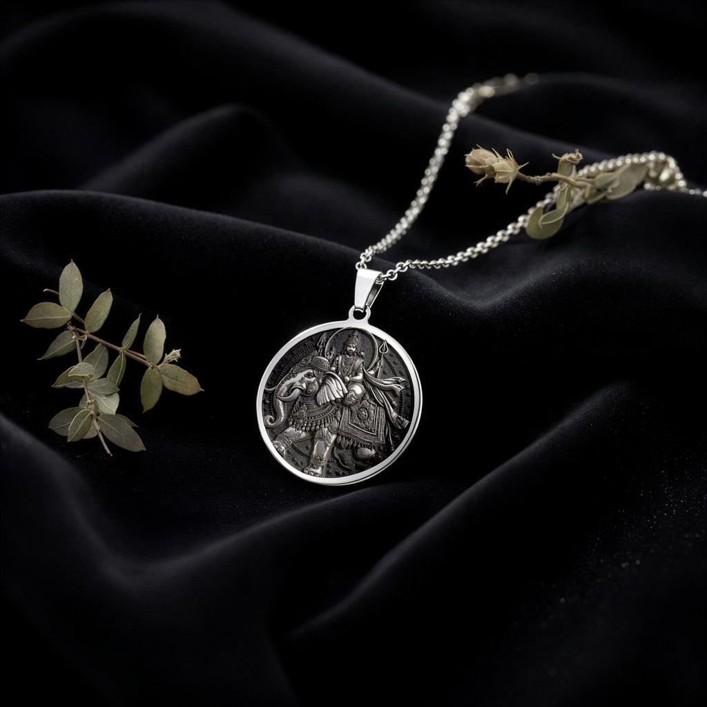 Indra God Vajra Thunderbolt Pendant Necklaces 925 925 Sterling Silver round pendant featuring an engraved classical warrior figure on a chain.