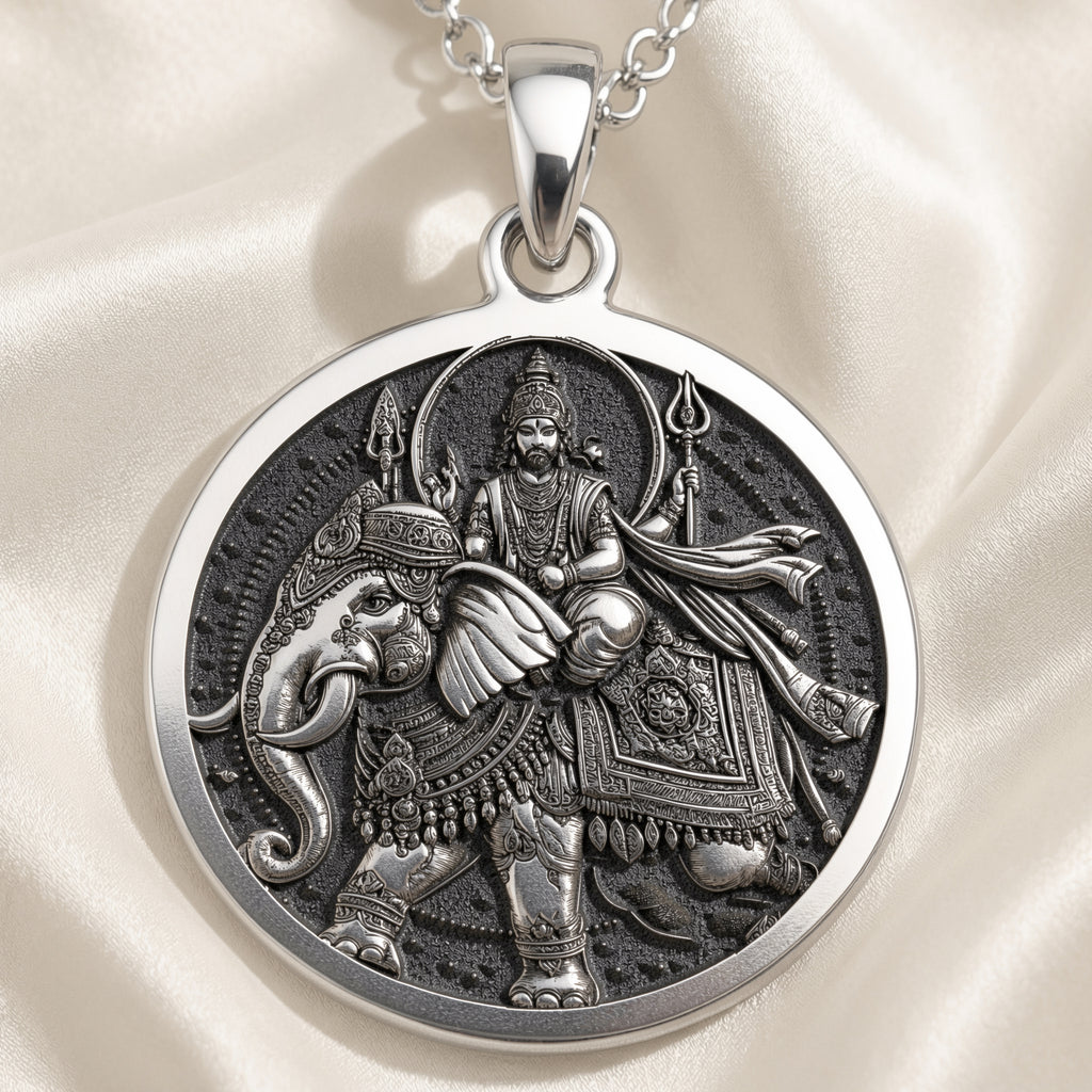 925 925 Sterling Silver Indra God Vajra Thunderbolt Pendant Necklaces Oxidized silver pendant featuring a Hindu deity riding an elephant design necklace