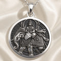 Lord Indra Vajra Thunderbolt Medallion Pendant — 925 Sterling Silver front view depicting Hindu deity Indra atop Airavata
