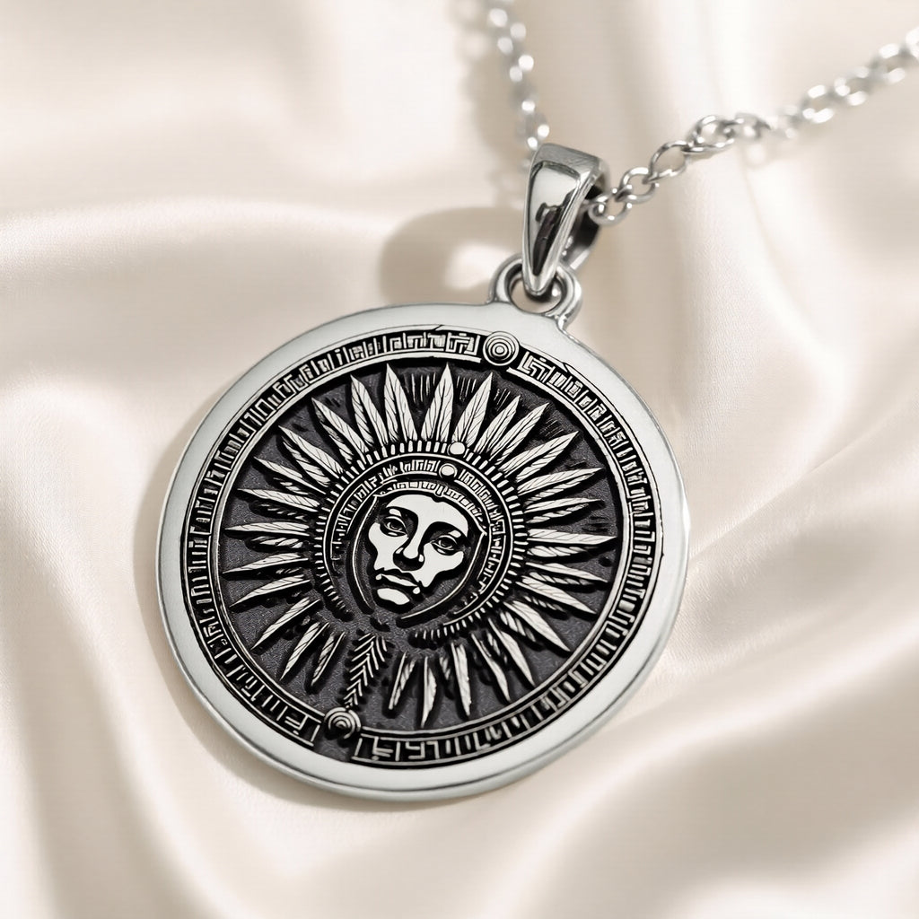 Silver circular pendant with an engraved sun design showing a face and rays. The pendant is displayed hanging from a silver chain on a dark surface.