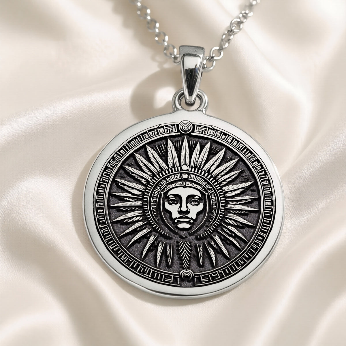 Inti Inca Sun God Medallion Pendant — Solid 925 Sterling Silver front view