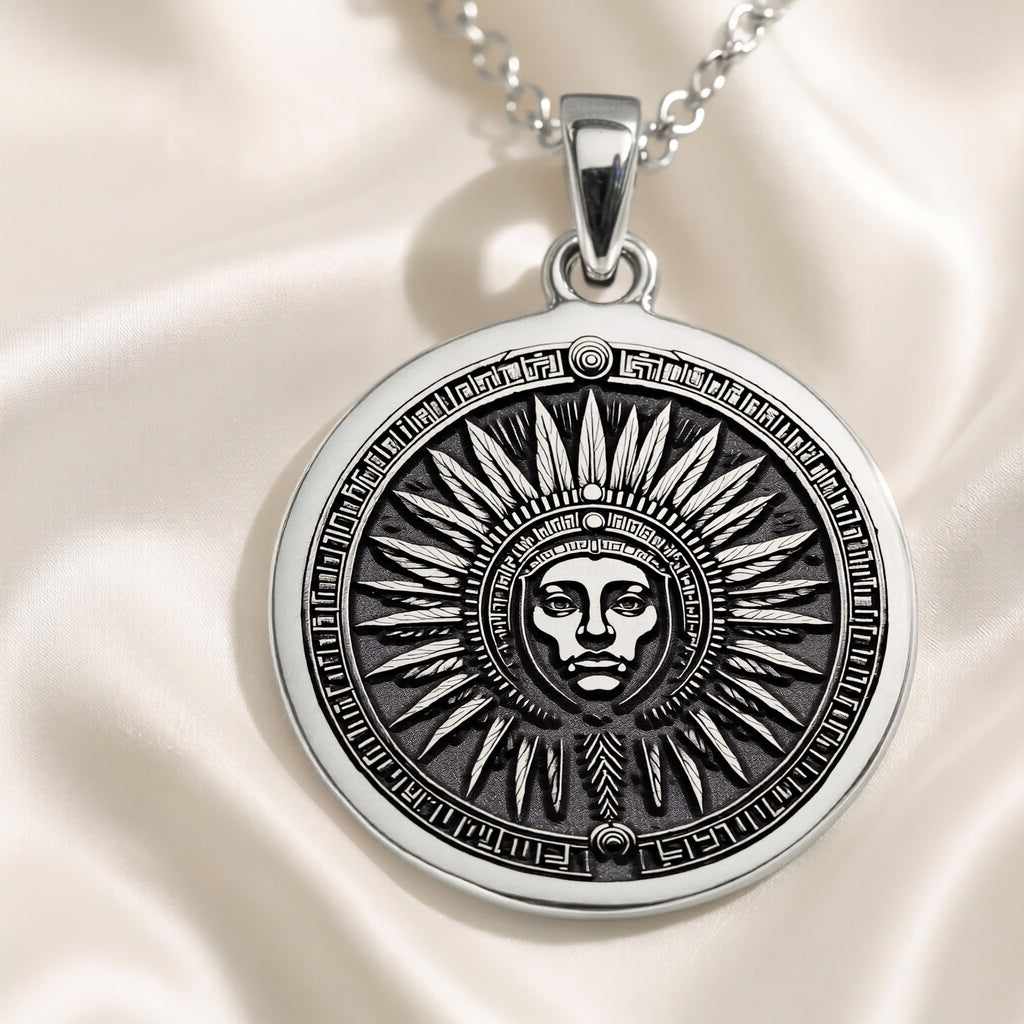 Inti Inca Sun God Medallion Pendant — Solid 925 Sterling Silver angled engraving detail
