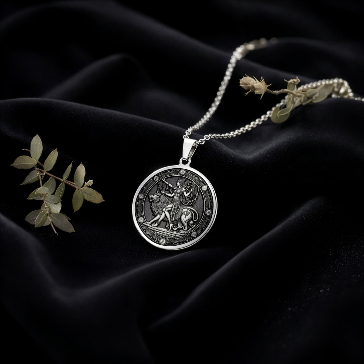 Ishtar Babylonian Goddess Medallion Pendant Necklaces 925 925 Sterling Silver round pendant with engraved mythological scene on a chain.