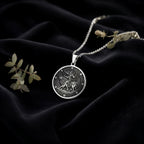 Ishtar Babylonian Goddess Medallion Pendant Necklaces 925 925 Sterling Silver round pendant with engraved mythological scene on a chain.