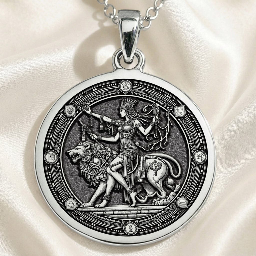 Ishtar Babylonian Goddess Medallion Pendant Necklaces 925 925 Sterling Silver pendant necklace featuring a classical woman riding a lion design.