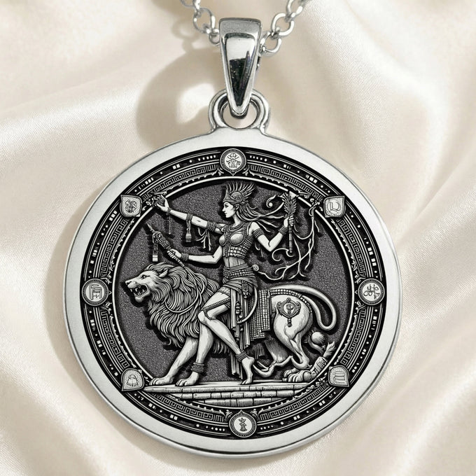 Ishtar Babylonian Goddess Medallion Pendant Necklaces 925 925 Sterling Silver pendant necklace featuring a classical woman riding a lion design.