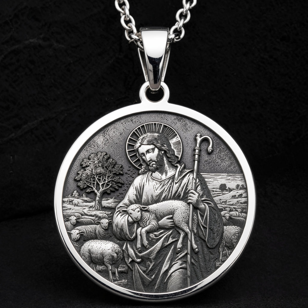 Sterling silver Shepherd Jesus Christ Amulet Pendant: round  of Jesus Christ Good Sheph...