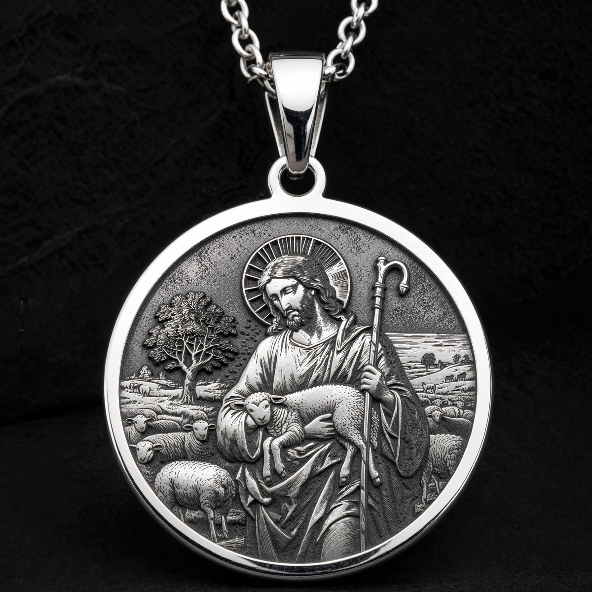 Sterling silver Shepherd Jesus Christ Amulet Pendant: round  of Jesus Christ Good Sheph...