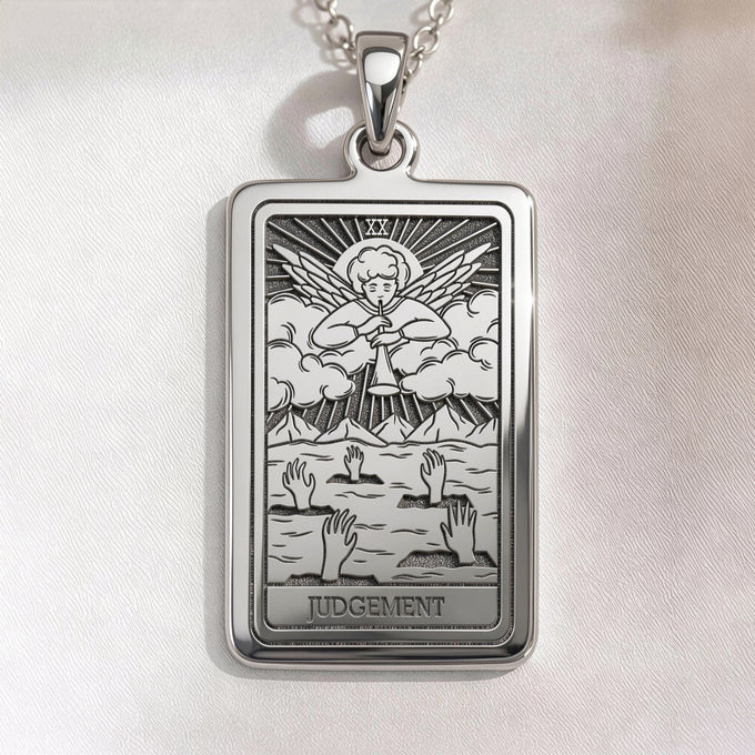 Judgement Tarot necklace pendant in silver, gold plated, or rose plated options. Spiritual awakening tarot jewelry.
