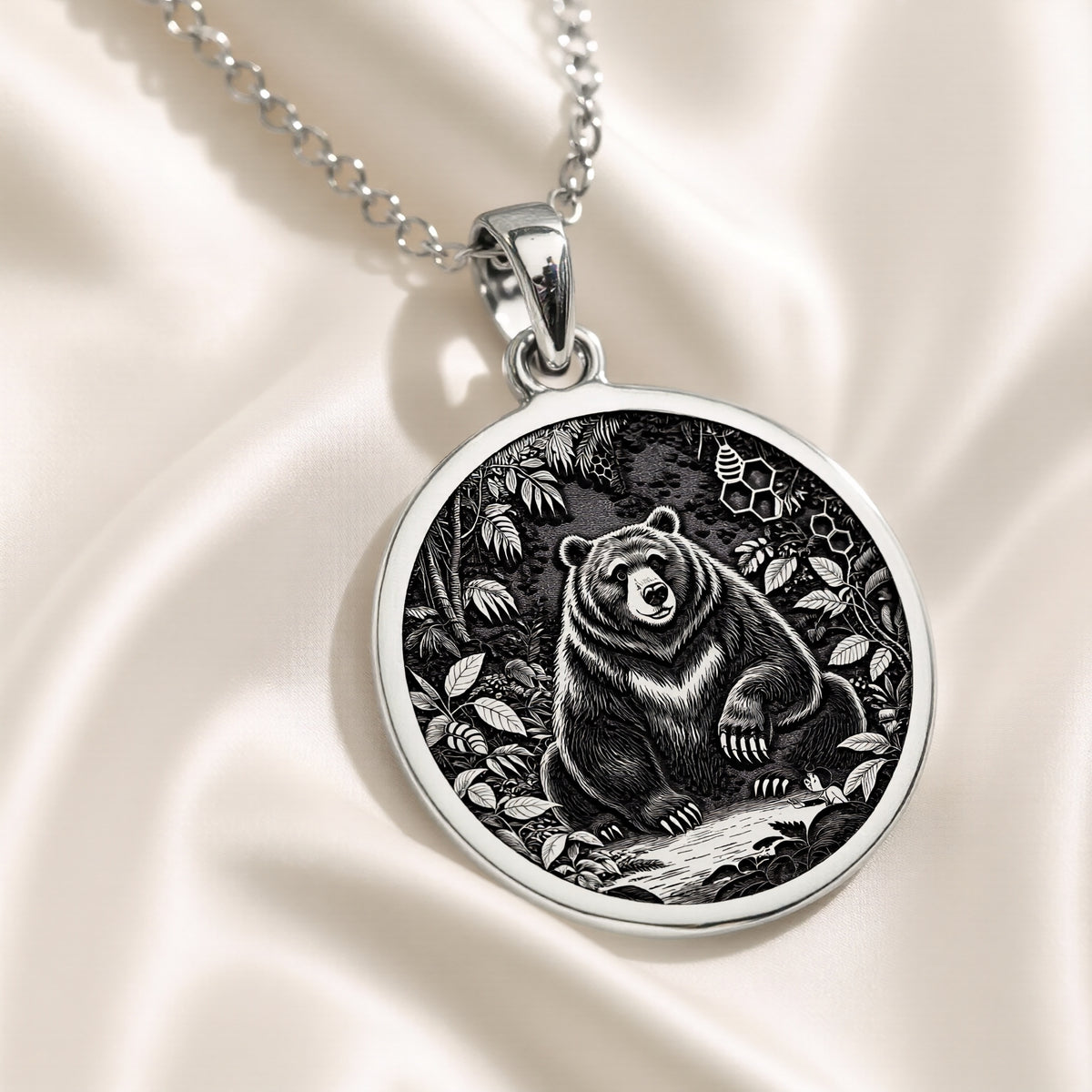 Jungle Bear Spirit Animal Pendant Necklaces 925 925 Sterling Silver bear surrounded by foliage circular pendant necklace