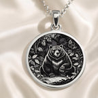 Jungle Bear Spirit Animal Pendant Necklaces 925 925 Sterling Silver bear sitting in forest pendant necklace with detailed engraving.