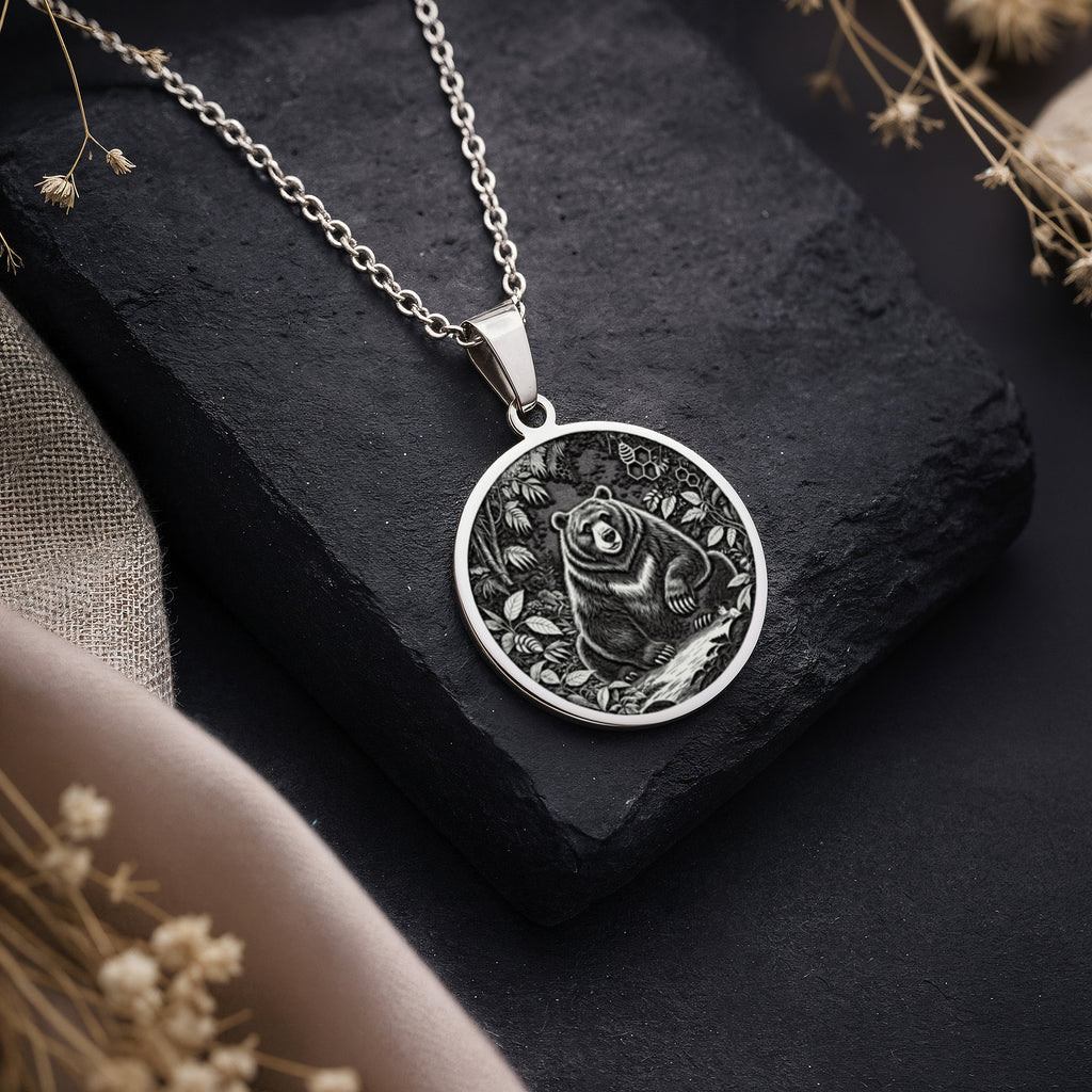 Jungle Bear Spirit Animal Pendant Necklaces 925 925 Sterling Silver round pendant with engraved nature scene and animal design necklace
