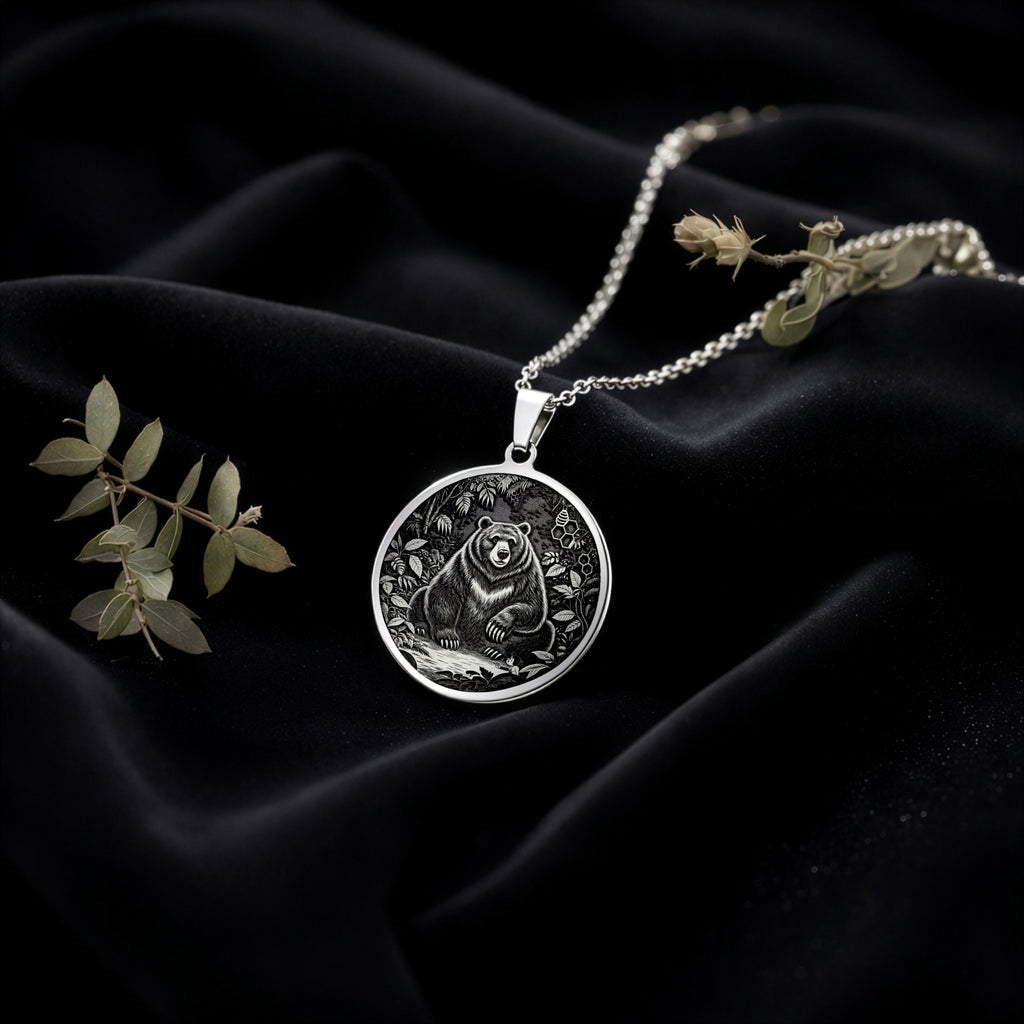 Jungle Bear Spirit Animal Pendant Necklaces 925 925 Sterling Silver metal pendant featuring an engraved bear surrounded by foliage necklace