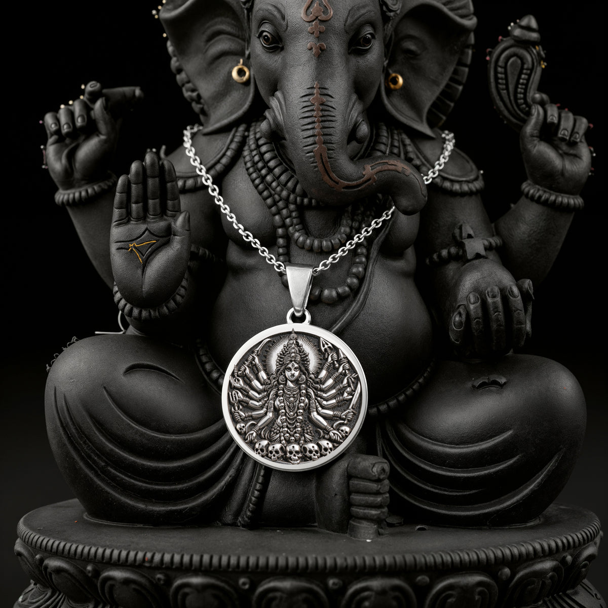 Sterling silver Shodashi Goddess Maa Kali Shakti Pendant: round  of Shodashi Goddess Ma...