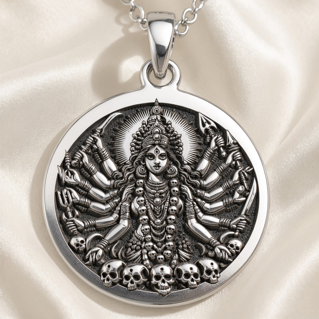 Sterling silver Shodashi Goddess Maa Kali Shakti Pendant: round  of Hindu goddess Maa K...