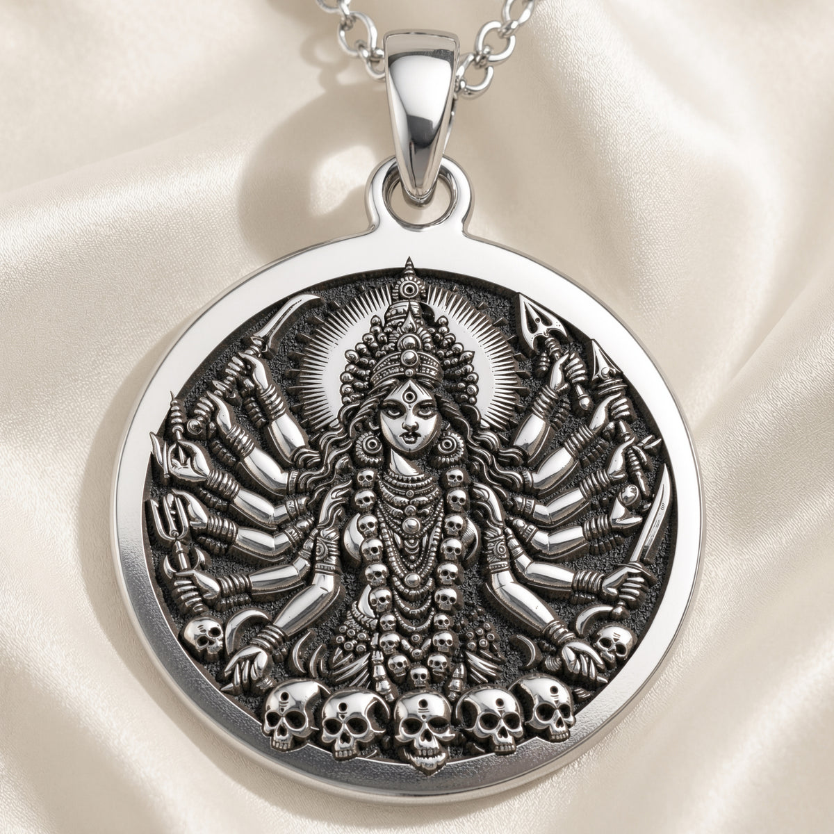Sterling silver Shodashi Goddess Maa Kali Shakti Pendant: round  of Hindu goddess Maa K...