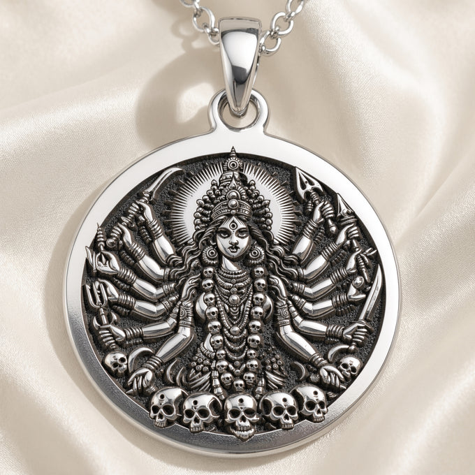 Sterling silver Shodashi Goddess Maa Kali Shakti Pendant: round  of Hindu goddess Maa K...