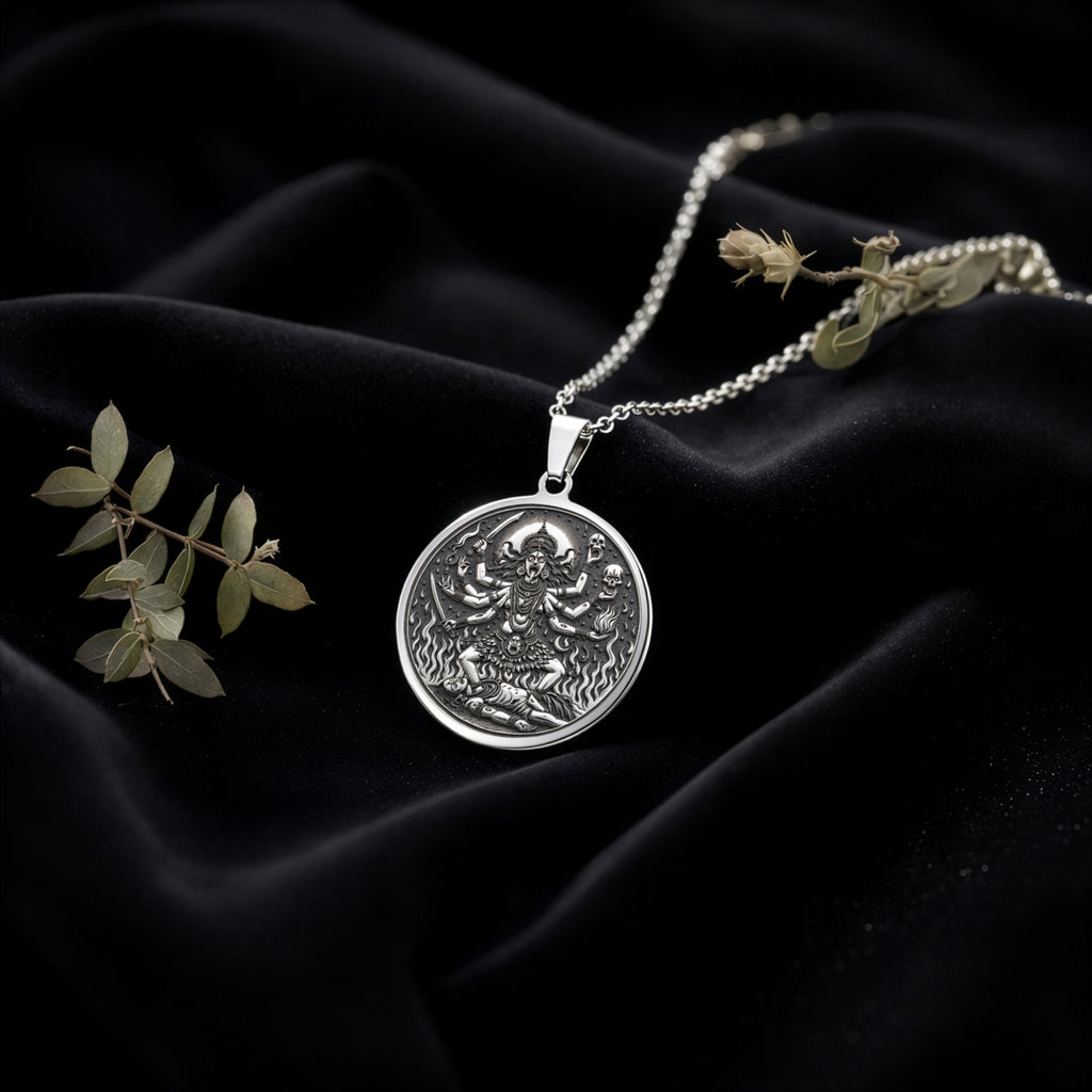 Kali Ma Goddess Skull Garland Pendant Necklaces 925 925 Sterling Silver metal pendant with intricate circular relief design necklace